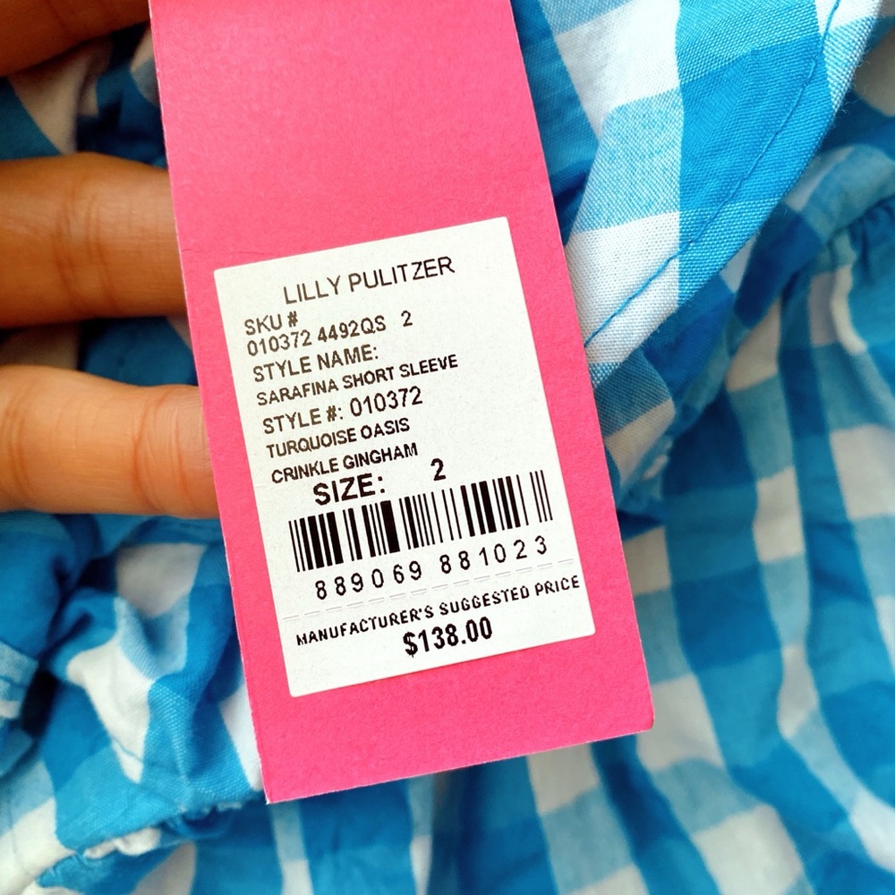 🐬 LILLY PULITZER SARAFINA TURQUOISE OASIS CRINKLE GINGHAM SHORT SLEEVE TOP! - Picture 11 of 15